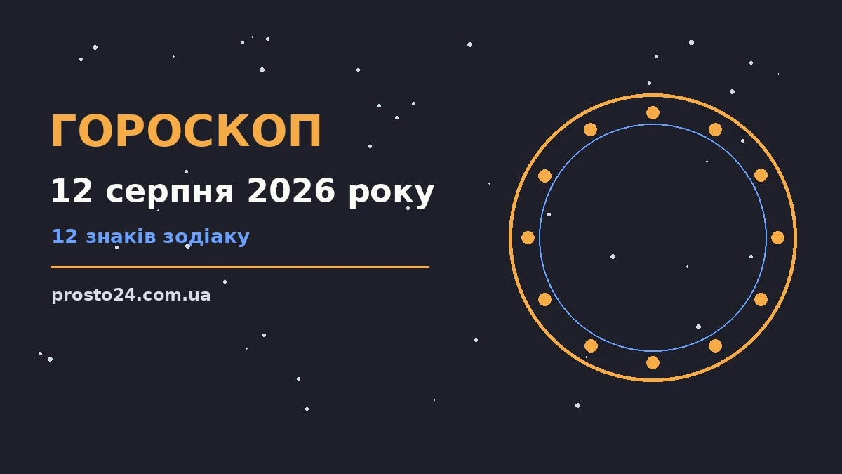 Стильна ілюстрація зодіакального кола на фоні ранкового неба для гороскопу на 12 серпня 2026 року
